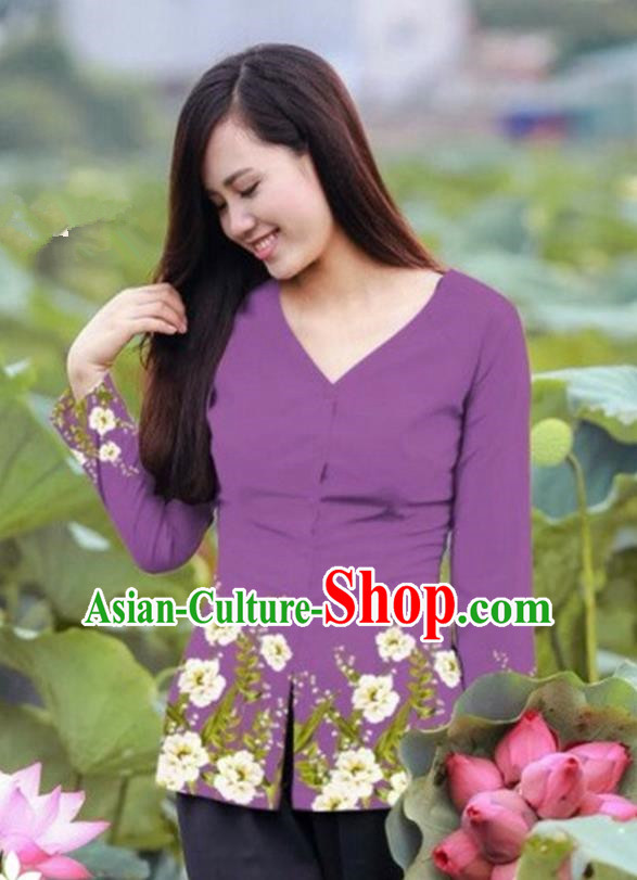 Traditional Top Grade Asian Vietnamese Costumes, Vietnam National Ao Dai Printing Purple Blouse for Women