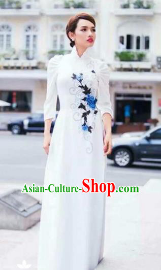 Traditional Top Grade Asian Vietnamese Costumes Classical Printing Flowers Full Dress, Vietnam National Ao Dai Dress White Qipao for Women