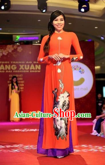 Traditional Top Grade Asian Vietnamese Costumes Classical Printing Flowers Full Dress, Vietnam National Ao Dai Dress Red Silk Qipao for Women