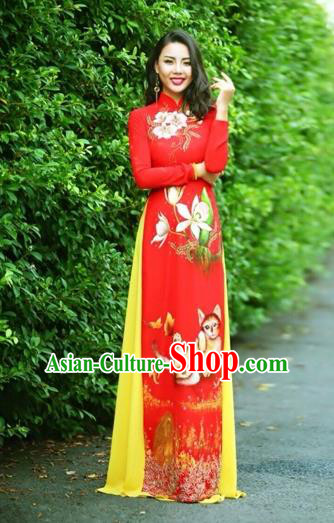 Traditional Top Grade Asian Vietnamese Costumes Classical Printing Wedding Full Dress, Vietnam National Ao Dai Dress Cat Red Qipao for Women