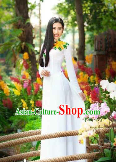 Traditional Top Grade Asian Vietnamese Costumes Classical Printing Flowers Wedding Full Dress, Vietnam National Ao Dai Dress White Qipao for Women