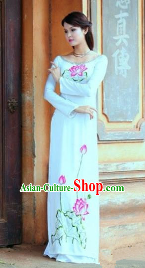 Traditional Top Grade Asian Vietnamese Costumes Classical Hand Printing Lotus Flowers Dowager Full Dress, Vietnam National Ao Dai Dress Bride White Chiffon Qipao for Women
