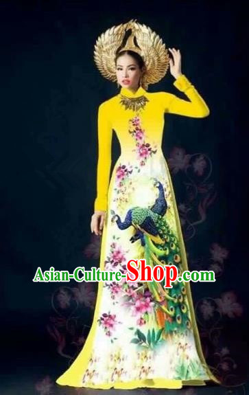 Traditional Top Grade Asian Vietnamese Costumes Classical Printing Peacock Full Dress, Vietnam National Ao Dai Dress Catwalks Yellow Qipao for Women