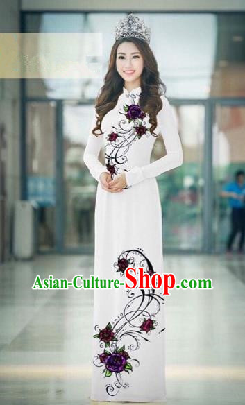 Traditional Top Grade Asian Vietnamese Costumes Classical Silk Printing Full Dress, Vietnam National Ao Dai Dress Catwalks Dowager White Qipao for Women