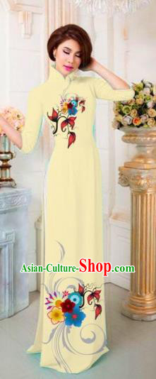 Traditional Top Grade Asian Vietnamese Costumes Classical Printing Flowers Full Dress, Vietnam National Ao Dai Dress Catwalks Princess Light Yellow Qipao for Women