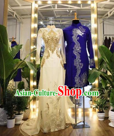 Traditional Top Grade Asian Vietnamese Costumes Classical Wedding Full Dress, Vietnam National Ao Dai Dress Catwalks Princess Bride Qipao for Women