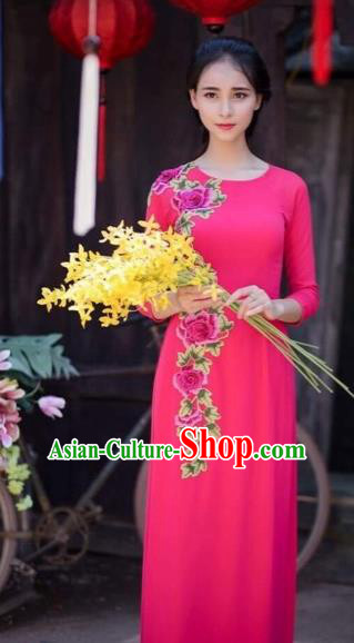 Traditional Top Grade Asian Vietnamese Costumes Classical Printing Flowers Wedding Full Dress, Vietnam National Ao Dai Dress Catwalks Bride Rose Qipao for Women