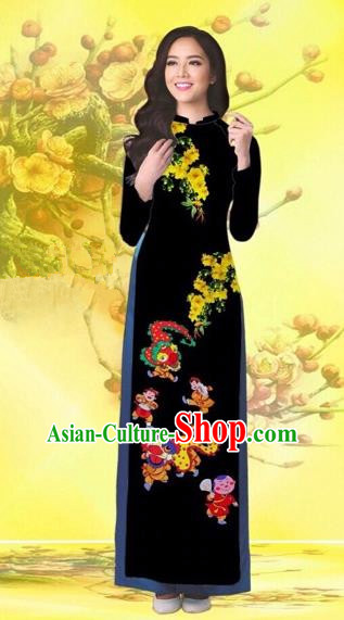Traditional Top Grade Asian Vietnamese Costumes Classical Printing Flowers Wedding Black Full Dress, Vietnam National Ao Dai Dress Catwalks Bride Qipao for Women