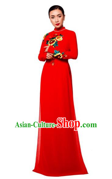 Traditional Top Grade Asian Vietnamese Costumes Classical Printing Wedding Full Dress, Vietnam National Ao Dai Dress Bride Red Stand Collar Qipao for Women