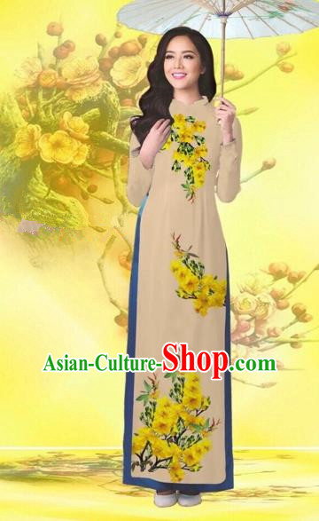 Traditional Top Grade Asian Vietnamese Costumes Classical Printing Flowers Wedding Khaki Full Dress, Vietnam National Ao Dai Dress Catwalks Bride Qipao for Women