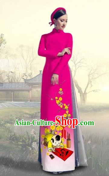 Traditional Top Grade Asian Vietnamese Costumes Classical Printing New Year Full Dress, Vietnam National Ao Dai Dress Catwalks Rosy Qipao for Women