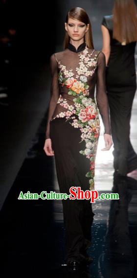 Traditional Top Grade Asian Vietnamese Costumes Classical Hand Embroidery Full Dress, Vietnam National Ao Dai Dress Catwalks Black Qipao for Women