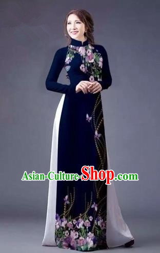 Traditional Top Grade Asian Vietnamese Costumes Classical Printing Flowers Full Dress, Vietnam National Ao Dai Dress Catwalks Navy Qipao for Women