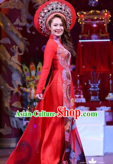 Traditional Top Grade Asian Vietnamese Costumes Classical Printing Wedding Full Dress, Vietnam National Ao Dai Dress Bride Red Stand Collar Qipao for Women