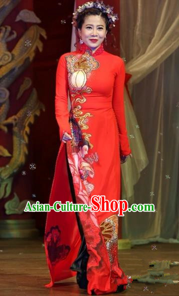 Traditional Top Grade Asian Vietnamese Costumes Classical Printing Wedding Full Dress, Vietnam National Ao Dai Dress Bride Red Stand Collar Qipao for Women
