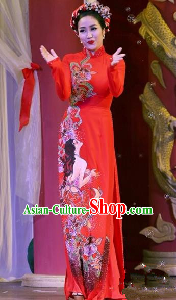 Traditional Top Grade Asian Vietnamese Costumes Classical Printing Wedding Full Dress, Vietnam National Ao Dai Dress Bride Red Qipao for Women