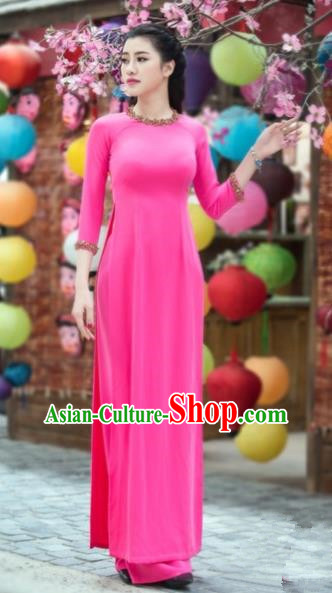 Traditional Top Grade Asian Vietnamese Costumes Classical Dowager Full Dress, Vietnam National Ao Dai Dress Bride Rosy Qipao for Women