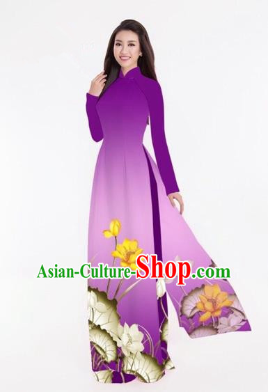 Traditional Top Grade Asian Vietnamese Costumes Classical Printing Lotus Full Dress, Vietnam National Ao Dai Dress Catwalks Purple Qipao for Women