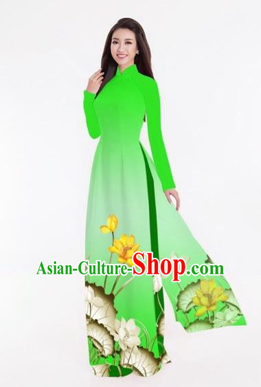 Traditional Top Grade Asian Vietnamese Costumes Classical Printing Lotus Full Dress, Vietnam National Ao Dai Dress Catwalks Green Qipao for Women