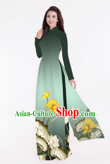 Traditional Top Grade Asian Vietnamese Costumes Classical Printing Lotus Full Dress, Vietnam National Ao Dai Dress Catwalks Atrovirens Qipao for Women