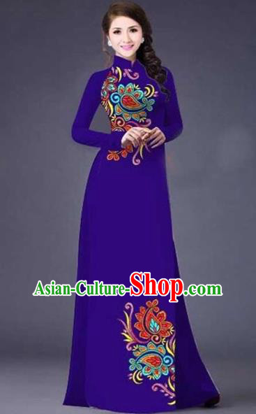 Traditional Top Grade Asian Vietnamese Costumes Classical Printing Flowers Pattern Full Dress, Vietnam National Ao Dai Dress Catwalks Purple Qipao for Women