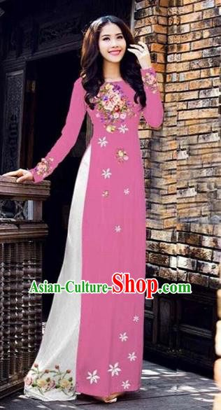 Traditional Top Grade Asian Vietnamese Costumes Classical Printing Peony Pattern Full Dress, Vietnam National Ao Dai Dress Catwalks Pink Qipao for Women