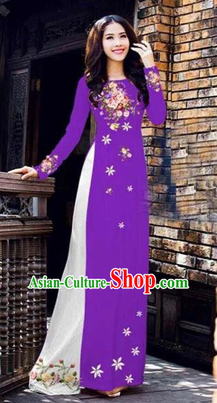 Traditional Top Grade Asian Vietnamese Costumes Classical Printing Peony Pattern Full Dress, Vietnam National Ao Dai Dress Catwalks Purple Qipao for Women