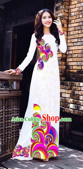 Traditional Top Grade Asian Vietnamese Costumes Classical Printing Full Dress, Vietnam National Ao Dai Dress Catwalks White Qipao for Women