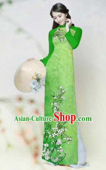 Traditional Top Grade Asian Vietnamese Costumes Classical Printing Plum Blossom Full Dress, Vietnam National Ao Dai Dress Catwalks Green Qipao for Women