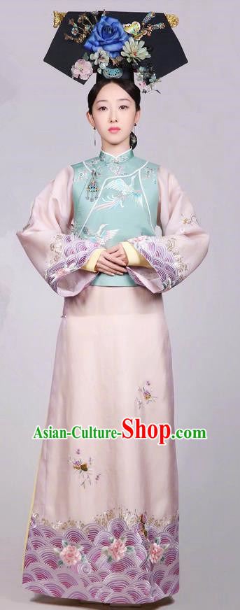 Traditional Chinese Ancient Qing Dynasty Imperial Princess Costume and Headwear Complete Set, Above The Clouds Chinese Mandarin Robes Palace Lady Embroidered Clothing for Women