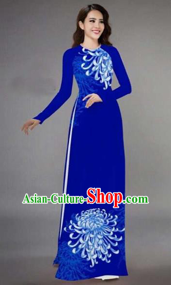 Traditional Top Grade Asian Vietnamese Costumes Classical Printing Chrysanthemum Full Dress, Vietnam National Ao Dai Dress Catwalks Blue Qipao for Women