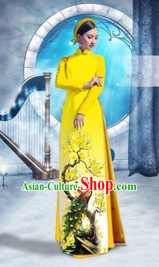 Traditional Top Grade Asian Vietnamese Costumes Classical Printing Peacock Full Dress, Vietnam National Ao Dai Dress Catwalks Debutante Yellow Qipao for Women