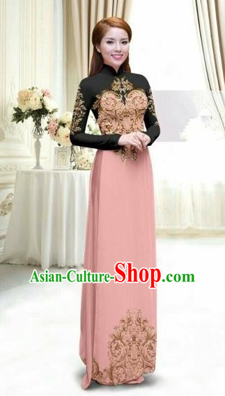 Traditional Top Grade Asian Vietnamese Costumes Classical Printing Full Dress, Vietnam National Ao Dai Dress Catwalks Debutante Lace Pink Qipao for Women