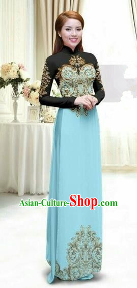 Traditional Top Grade Asian Vietnamese Costumes Classical Printing Full Dress, Vietnam National Ao Dai Dress Catwalks Debutante Lace Blue Qipao for Women