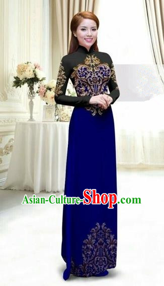 Traditional Top Grade Asian Vietnamese Costumes Classical Printing Full Dress, Vietnam National Ao Dai Dress Catwalks Debutante Lace Royalblue Qipao for Women