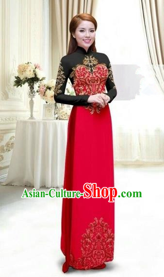 Traditional Top Grade Asian Vietnamese Costumes Classical Printing Full Dress, Vietnam National Ao Dai Dress Catwalks Debutante Lace Red Qipao for Women