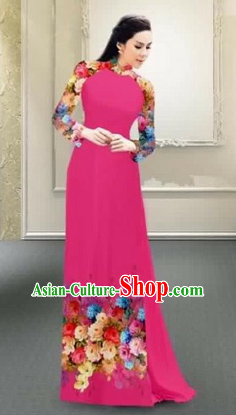 Traditional Top Grade Asian Vietnamese Costumes Classical Printing Flowers Full Dress, Vietnam National Ao Dai Dress Catwalks Debutante Rosy Qipao for Women