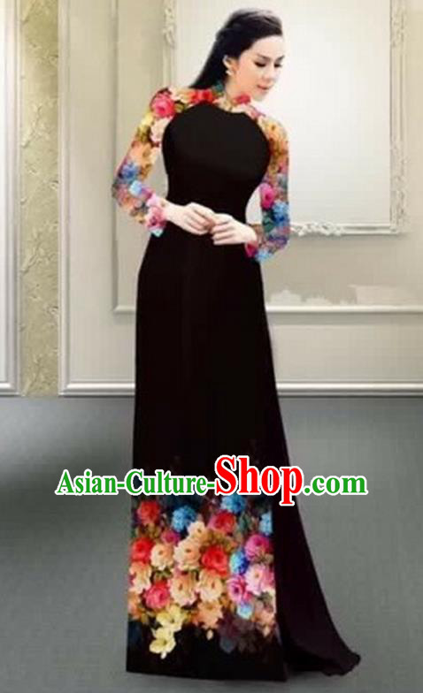 Traditional Top Grade Asian Vietnamese Costumes Classical Printing Flowers Full Dress, Vietnam National Ao Dai Dress Catwalks Debutante Black Qipao for Women