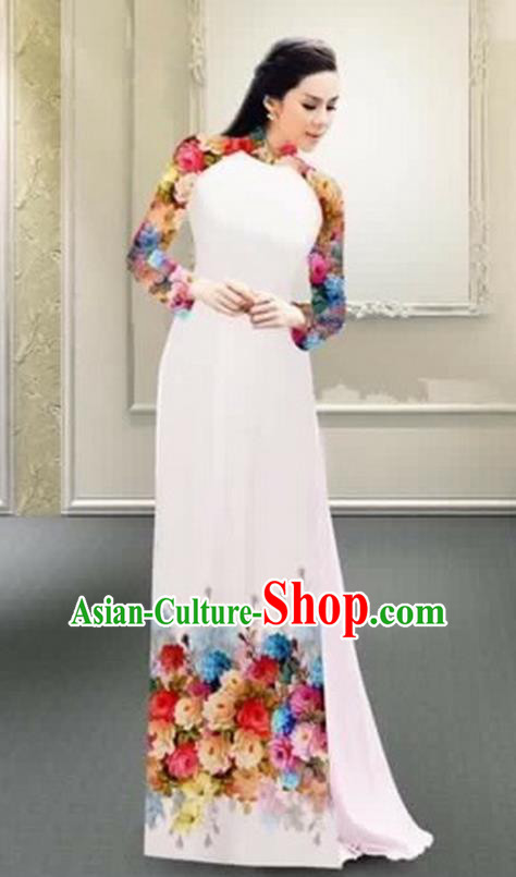 Traditional Top Grade Asian Vietnamese Costumes Classical Printing Flowers Full Dress, Vietnam National Ao Dai Dress Catwalks Debutante White Qipao for Women