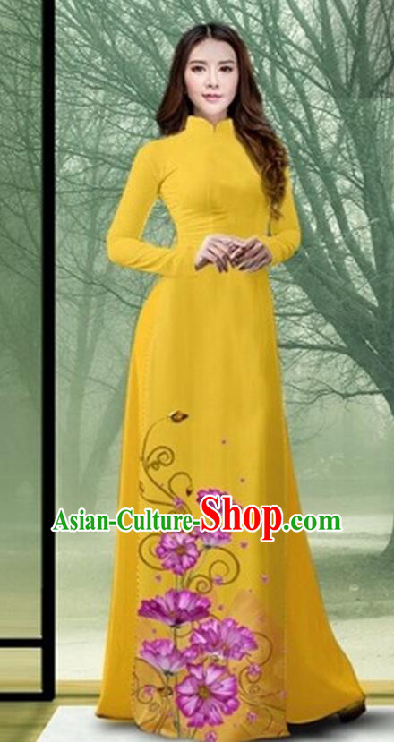 Traditional Top Grade Asian Vietnamese Costumes Classical Printing Flowers Full Dress, Vietnam National Ao Dai Dress Catwalks Debutante Yellow Qipao for Women