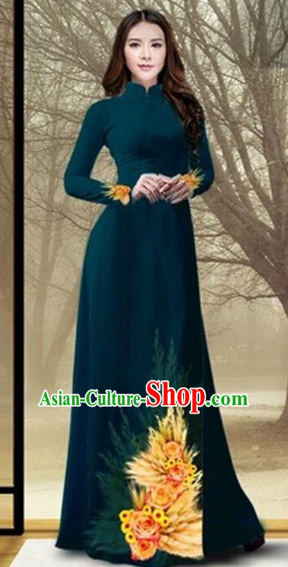 Traditional Top Grade Asian Vietnamese Costumes Classical Printing Flowers Full Dress, Vietnam National Ao Dai Dress Catwalks Debutante Atrovirens Qipao for Women