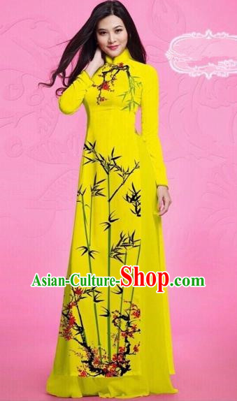 Traditional Top Grade Asian Vietnamese Costumes Classical Printing Bamboo Full Dress, Vietnam National Ao Dai Dress Catwalks Debutante Yellow Qipao for Women