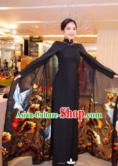 Traditional Top Grade Asian Vietnamese Costumes Classical Printing Full Dress with Cloak, Vietnam National Ao Dai Dress Catwalks Debutante Black Qipao for Women