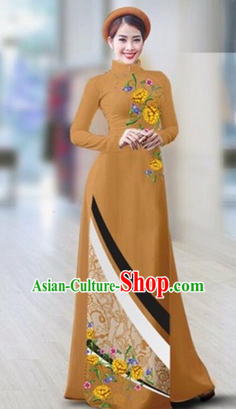 Traditional Top Grade Asian Vietnamese Costumes Classical Printing Full Dress Dance Cothing, Vietnam National Ao Dai Dress Catwalks Debutante Khaki Qipao for Women