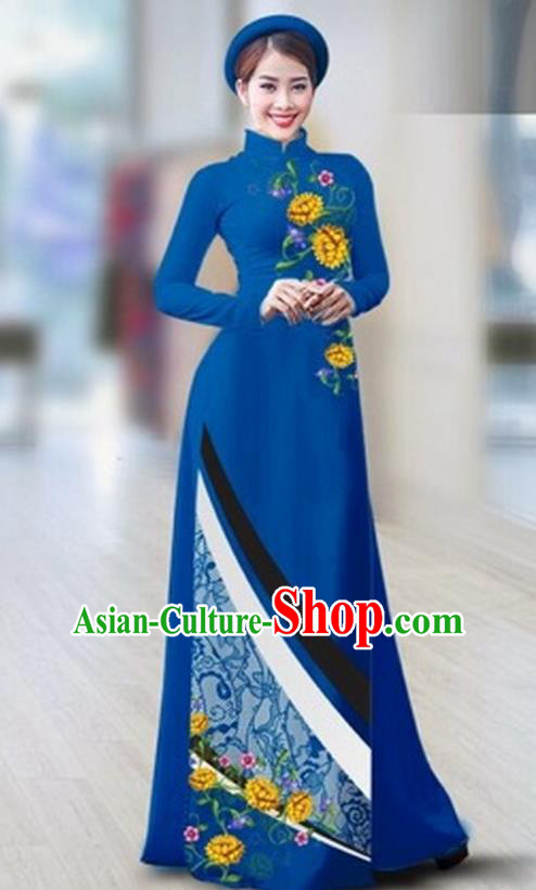 Traditional Top Grade Asian Vietnamese Costumes Classical Printing Full Dress Dance Cothing, Vietnam National Ao Dai Dress Catwalks Debutante Royalblue Qipao for Women