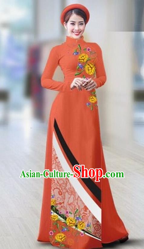 Traditional Top Grade Asian Vietnamese Costumes Classical Printing Full Dress Dance Cothing, Vietnam National Ao Dai Dress Catwalks Debutante Orange Qipao for Women