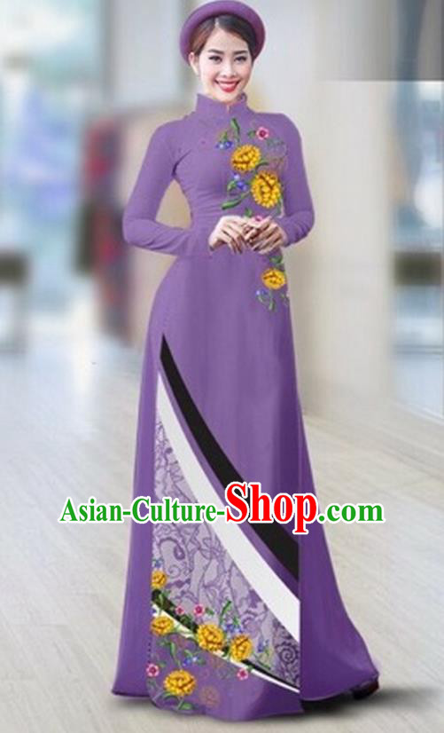 Traditional Top Grade Asian Vietnamese Costumes Classical Printing Full Dress Dance Cothing, Vietnam National Ao Dai Dress Catwalks Debutante Violet Qipao for Women