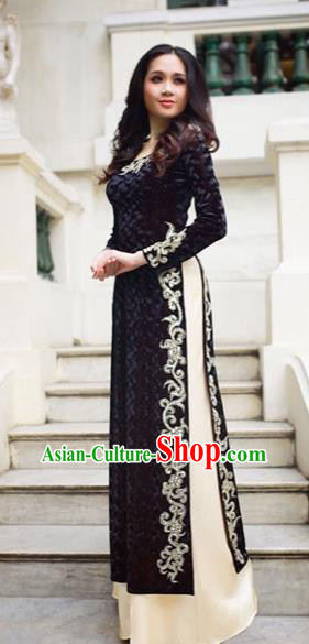 Traditional Top Grade Asian Vietnamese Costumes Classical Manual Embroider Bead Full Dress, Vietnam National Ao Dai Dress Black Cheongsam for Women