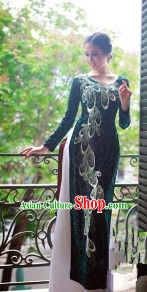 Traditional Top Grade Asian Vietnamese Costumes Classical Manual Embroider Full Dress, Vietnam National Ao Dai Dress Atrovirens Cheongsam for Women