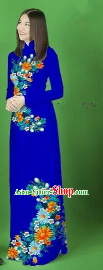 Traditional Top Grade Asian Vietnamese Costumes Classical Printing Flower Full Dress, Vietnam National Ao Dai Dress Royalblue Cheongsam for Women